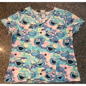 Sesame Street Cookie Monster Scrub Top Womens Medium Blue Floral V-Neck Medical